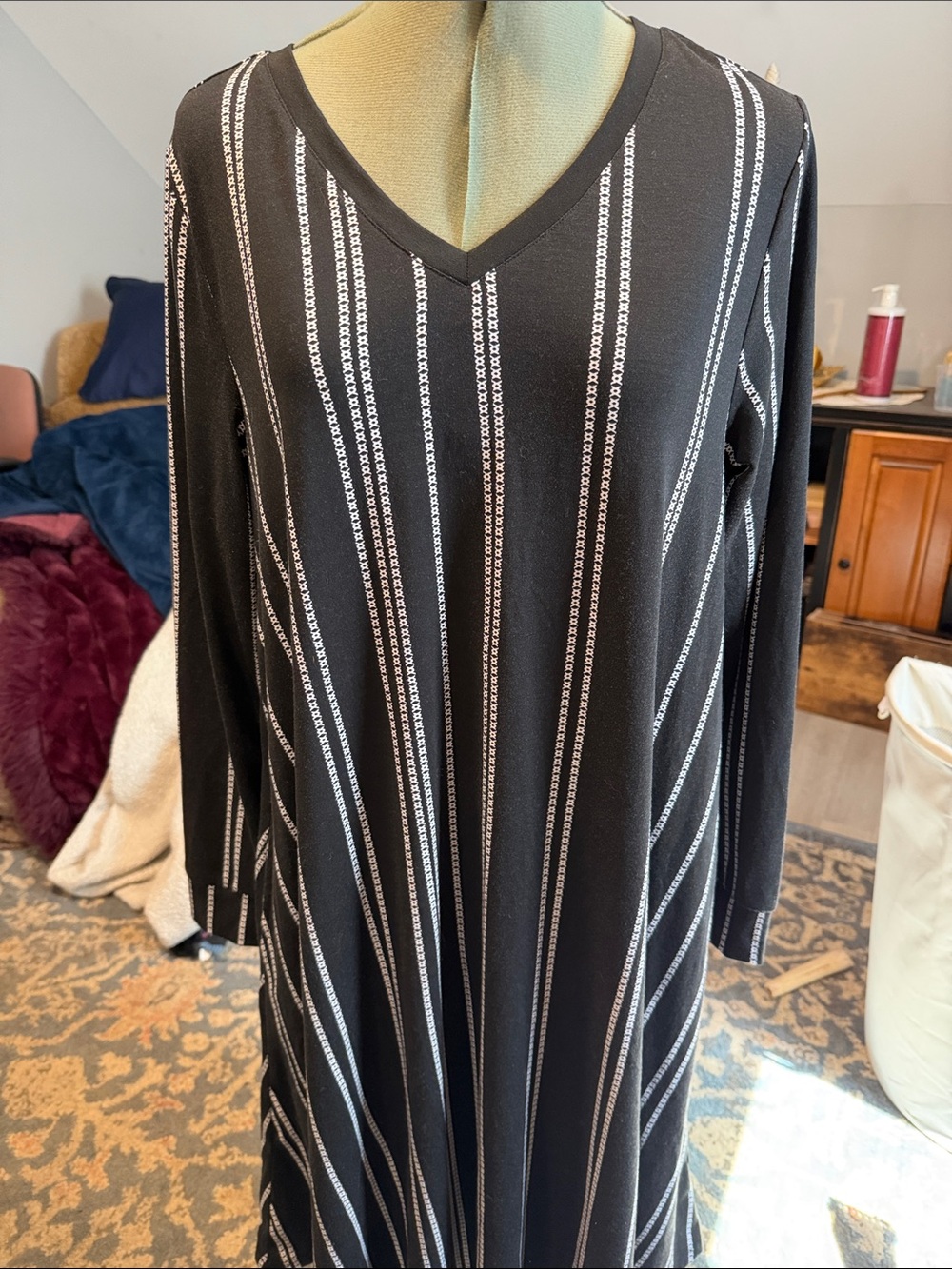 LuLaRoe Emily Black Long Sleeve V-Neck Dress with White Vertical Stripes